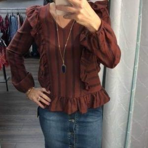 Brick and navy ruffled shirt